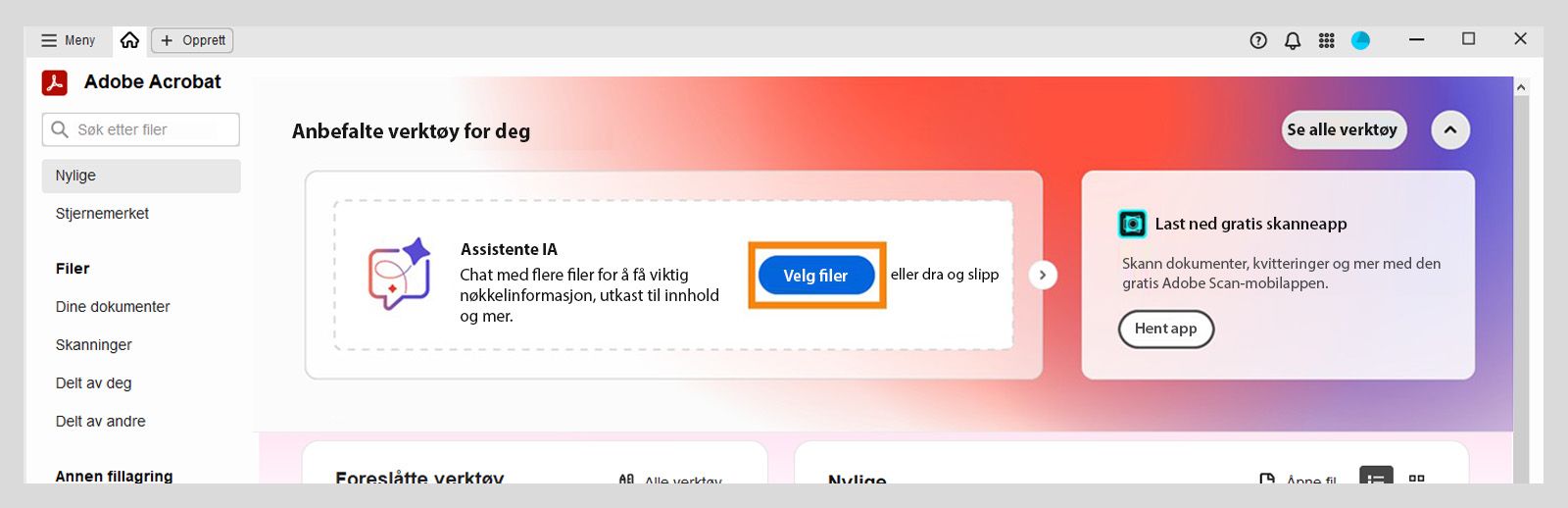 Acrobat-startvisningen viser det uthevede alternativet Velg filer under Anbefalte verktøy for deg, slik at brukerne kan legge til filer og bruke KI-assistenten.