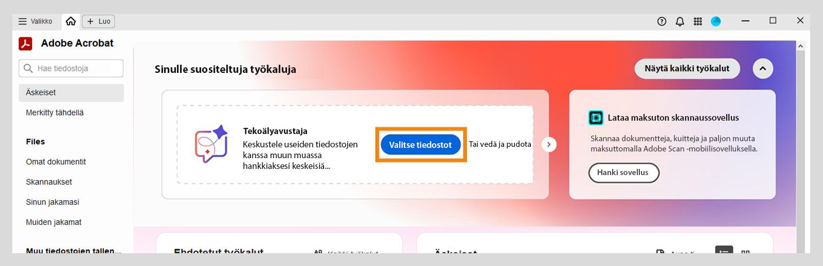Acrobatin kotinäkymässä näkyy korostettuna Valitse tiedostot -vaihtoehto Sinulle suositellut työkalut -osiossa, joka mahdollistaa tiedostojen lisäämisen ja Tekoälyavustajan käytön.