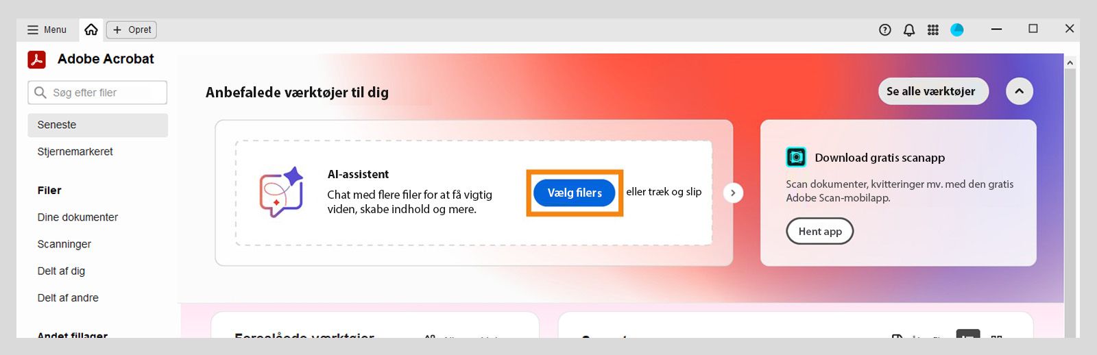 Acrobats startvisning viser indstillingen Vælg filer fremhævet under Anbefalede værktøjer til dig, så brugerne kan tilføje filer og bruge AI-assistenten.