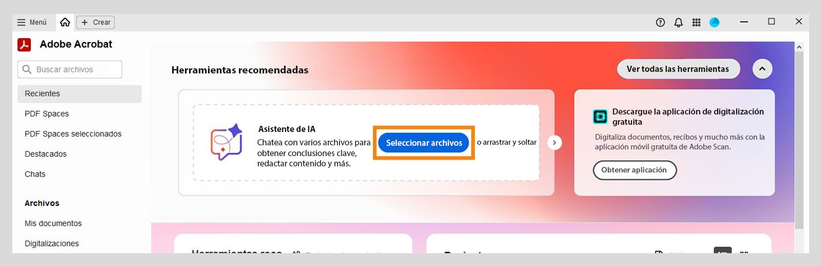 La vista de inicio de Acrobat muestra la opción Seleccionar archivos resaltada bajo Herramientas recomendadas para usted, permitiendo a los usuarios añadir archivos y utilizar el Asistente de IA.