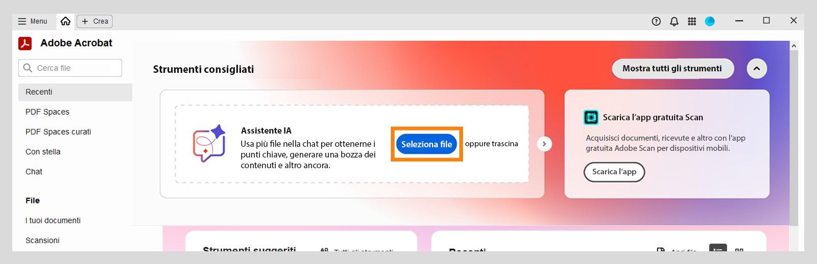 La visualizzazione principale di Acrobat mostra l’opzione Seleziona file evidenziata in Strumenti consigliati per te, consentendo agli utenti di aggiungere file e utilizzare l’Assistente IA.