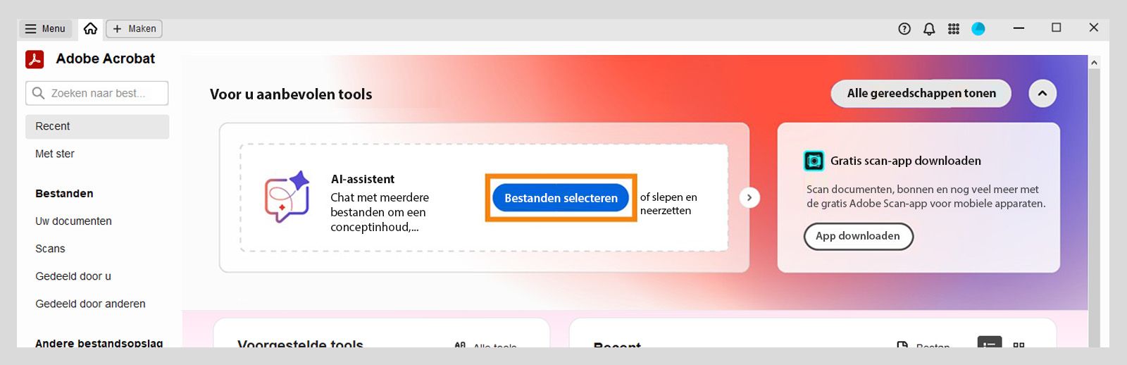 De startweergave van Acrobat toont de gemarkeerde optie Bestanden selecteren onder Aanbevolen tools voor u, waarmee gebruikers bestanden kunnen toevoegen en de AI-assistent kunnen gebruiken.