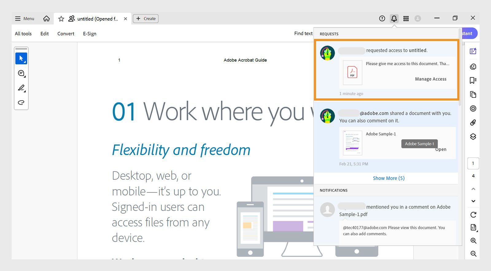 ファイル所有者にアクセスリクエストを通知する Acrobat アプリ内通知。「アクセスの管理」ボタンで対応できます。