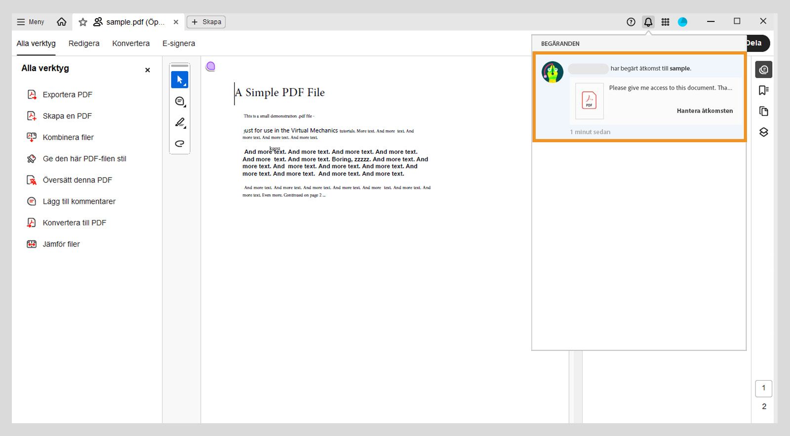 Avisering i Acrobat-appen som varnar filägaren om en åtkomstförfrågan och knappen ”Hantera åtkomst” för att vidta åtgärder.