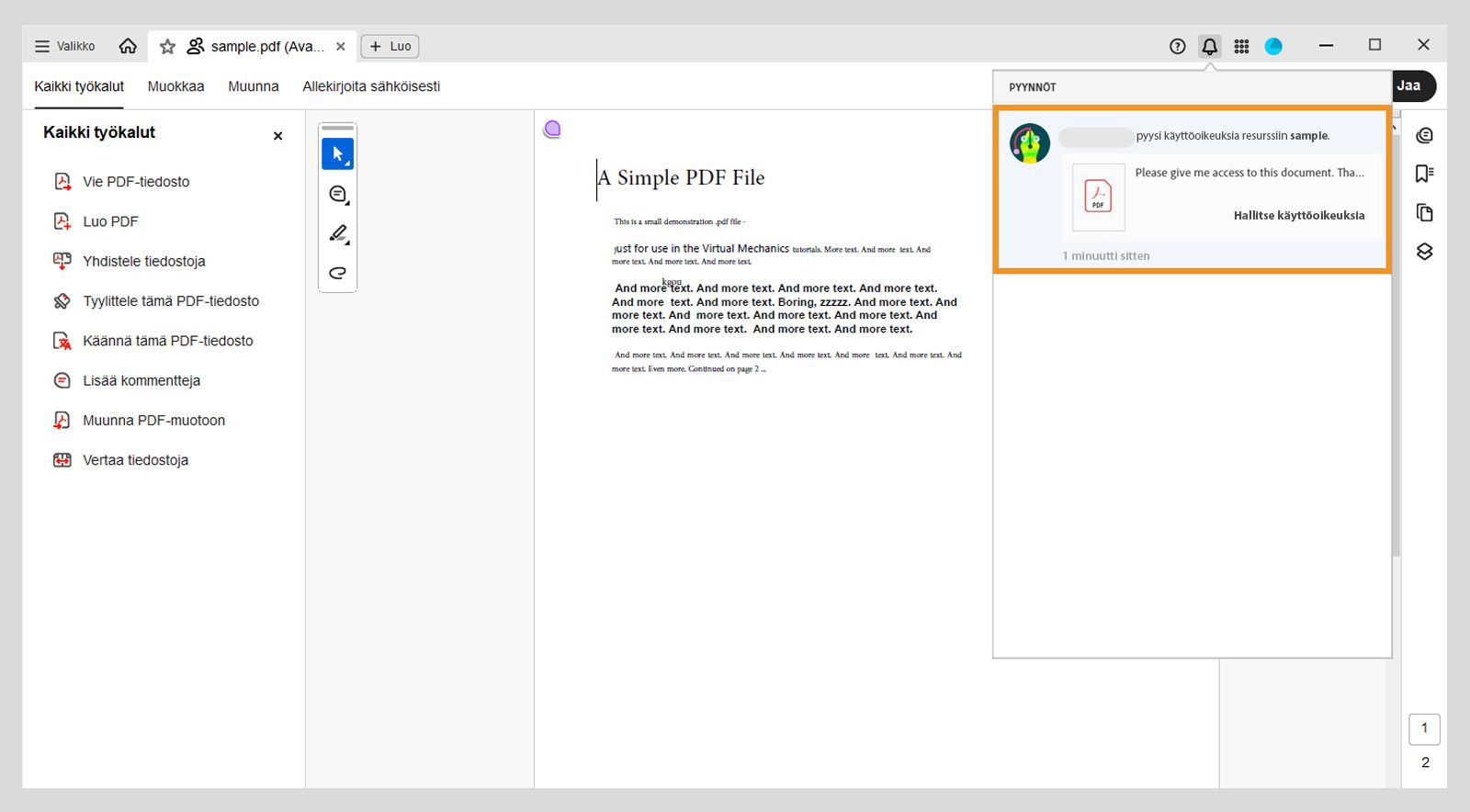 Acrobatin sisäinen ilmoitus, joka huomauttaa tiedoston omistajalle käyttöoikeuspyynnöstä ja sisältää &quot;Hallitse käyttöoikeuksia&quot; -painikkeen toimenpiteitä varten.