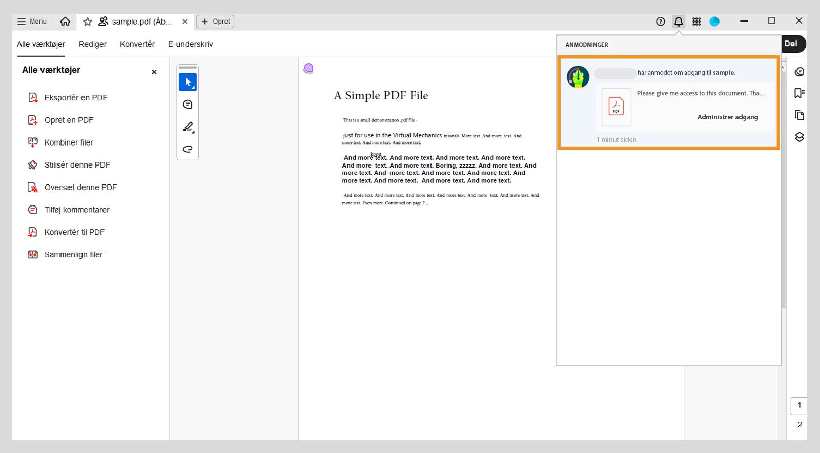 Acrobat-notifikation i appen, der underretter filens ejer om en adgangsanmodning, med knappen &quot;Administrer adgang&quot; til at foretage en handling.