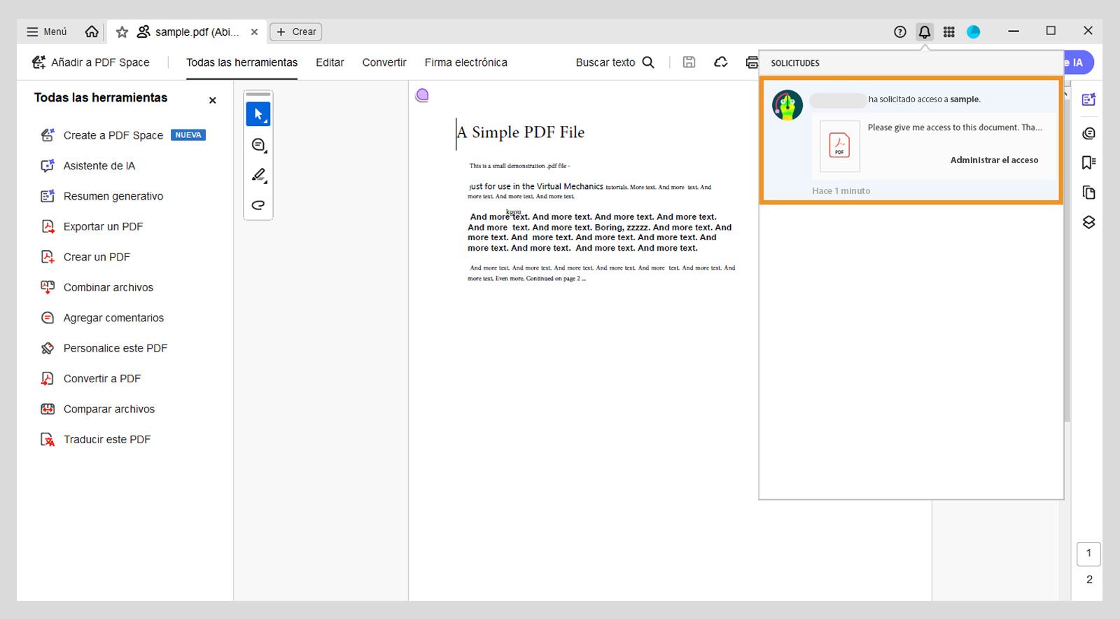 Notificación en la aplicación Acrobat que alerta al propietario del archivo sobre una solicitud de acceso, con un botón &quot;Administrar acceso&quot; para tomar medidas.