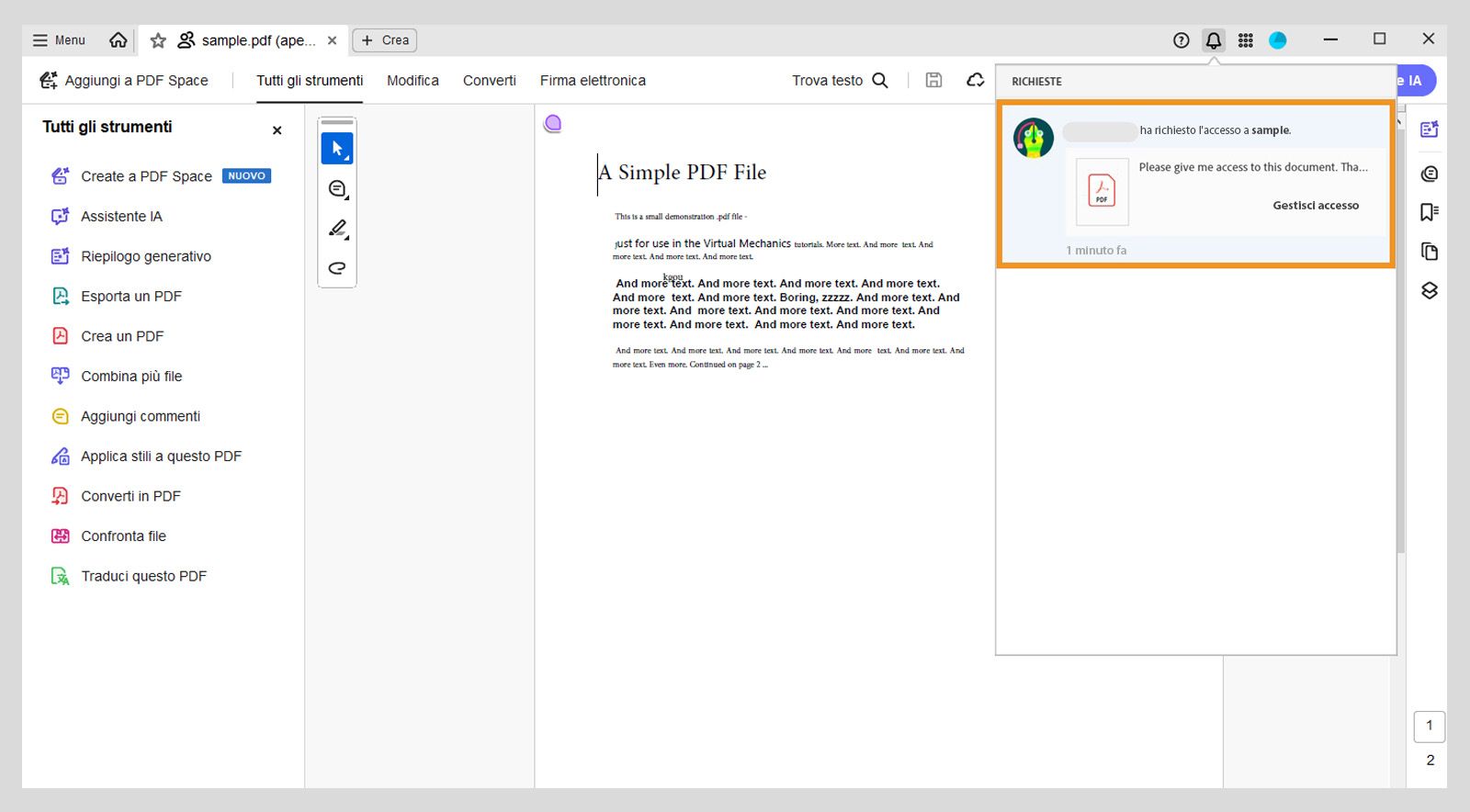 Notifica nell’applicazione di Acrobat che avvisa il proprietario del file di una richiesta di accesso, con un pulsante “Gestisci accesso” per intervenire.