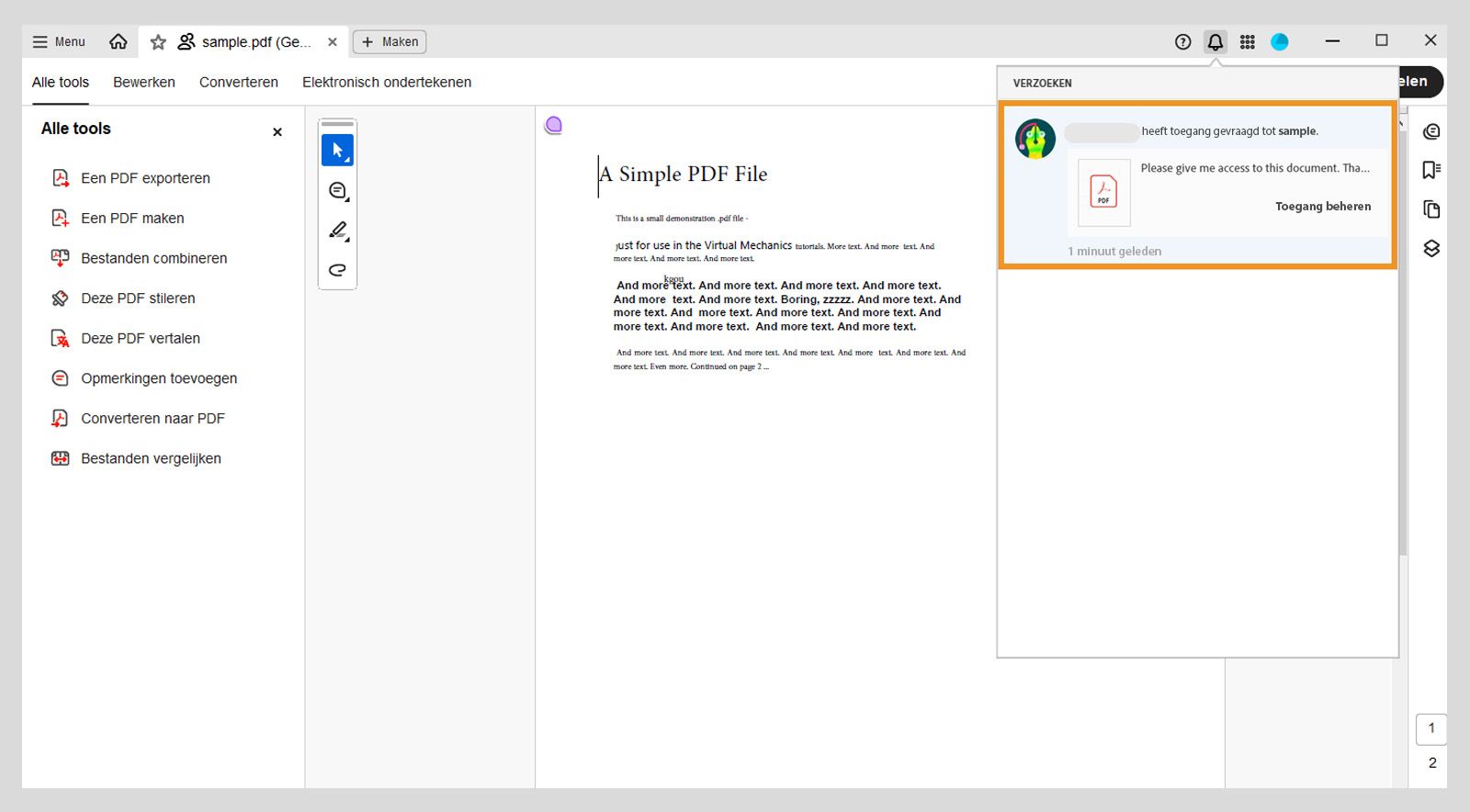 Melding in de Acrobat-app waarin de bestandseigenaar wordt gewaarschuwd voor een toegangsverzoek, met een knop 'Toegang beheren' om actie te ondernemen.