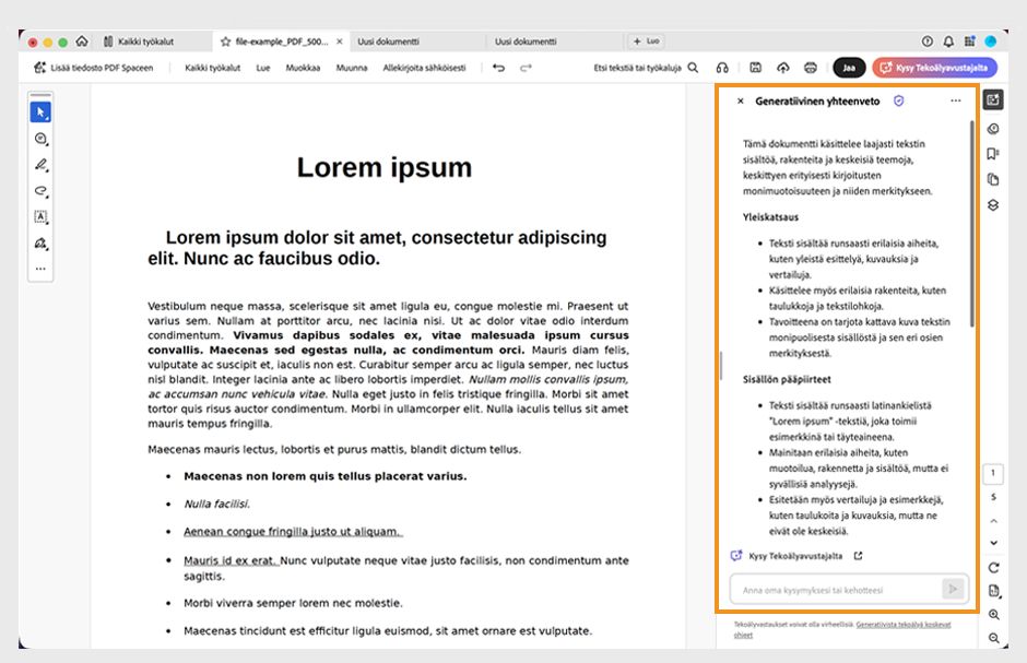 Acrobat-käyttöliittymä PDF-tiedostolla ja Generative Summary -paneeli, jossa näkyvät tekoälyn luomat osioyhteenvedot.