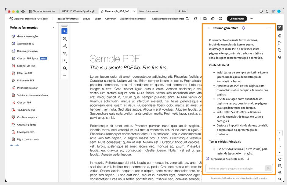 Interface do Acrobat com um PDF e o painel Resumo generativo mostrando resumos de seção gerados por IA.