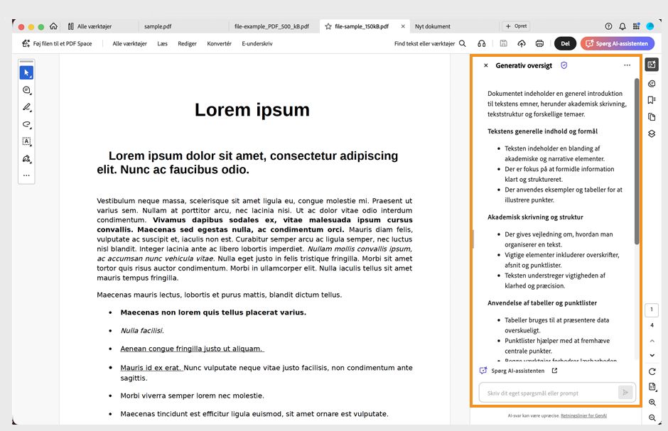 Acrobat-grænseflade med en PDF og panelet Generativ oversigt, der viser AI-genererede sektionsoversigter.