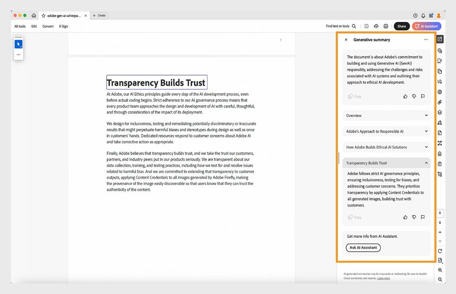 Interface ng Acrobat na may PDF at Generative Summary panel na nagpapakita ng mga AI-generated na buod ng seksyon.