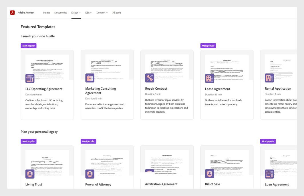 Acrobat sul Web fornisce un elenco di modelli in primo piano tra cui scegliere.