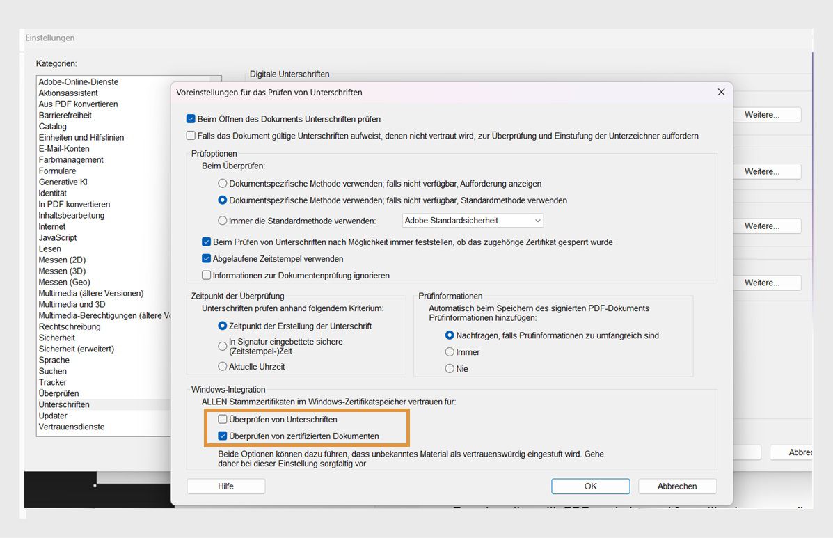 Acrobat Einstellungsfenster mit Signaturverifizierungseinstellungen und aktivierten Optionen zum Vertrauen von Zertifikaten im Windows-Zertifikatspeicher.