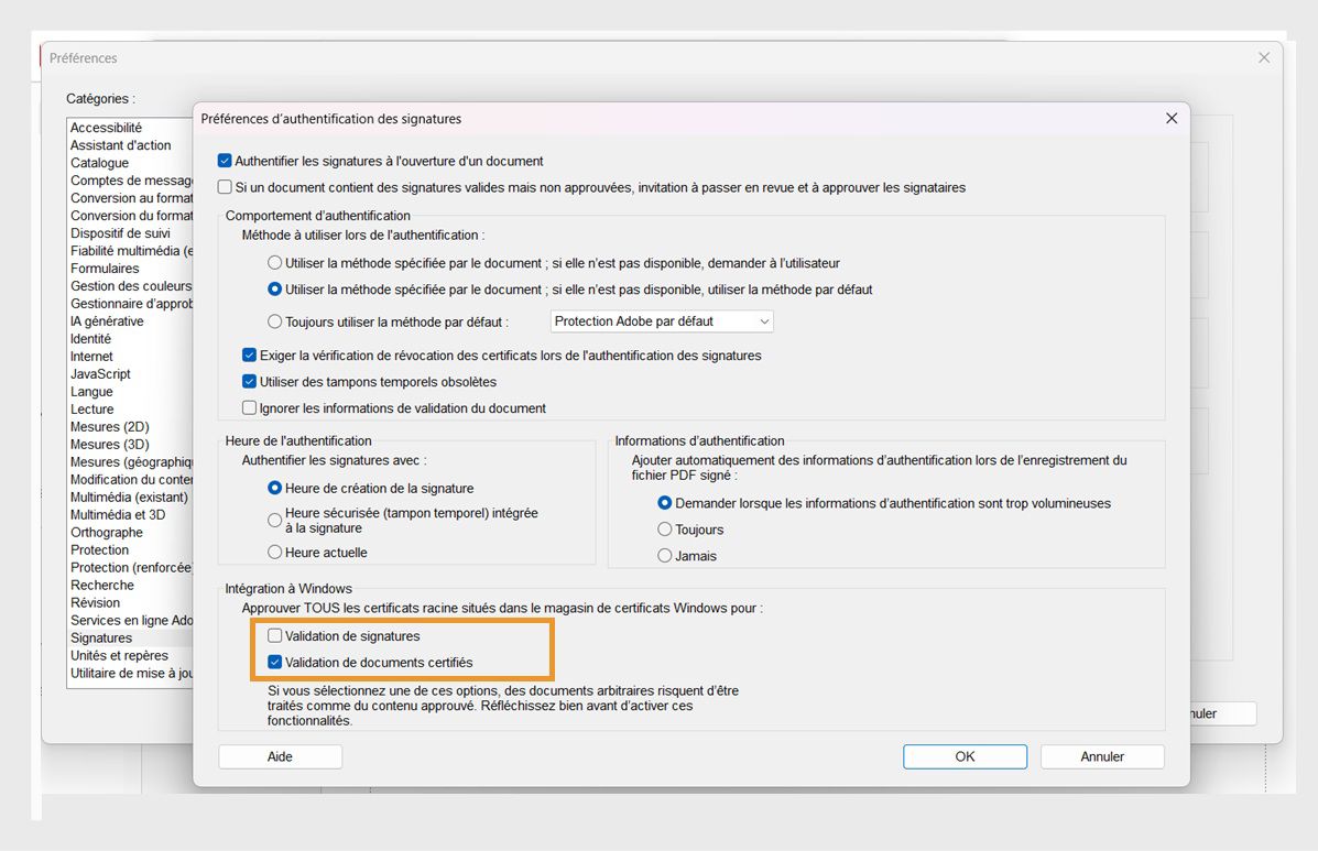 Fenêtre des préférences d'Acrobat affichant les paramètres de vérification des signatures avec les options pour faire confiance aux certificats du magasin de certificats Windows cochées.