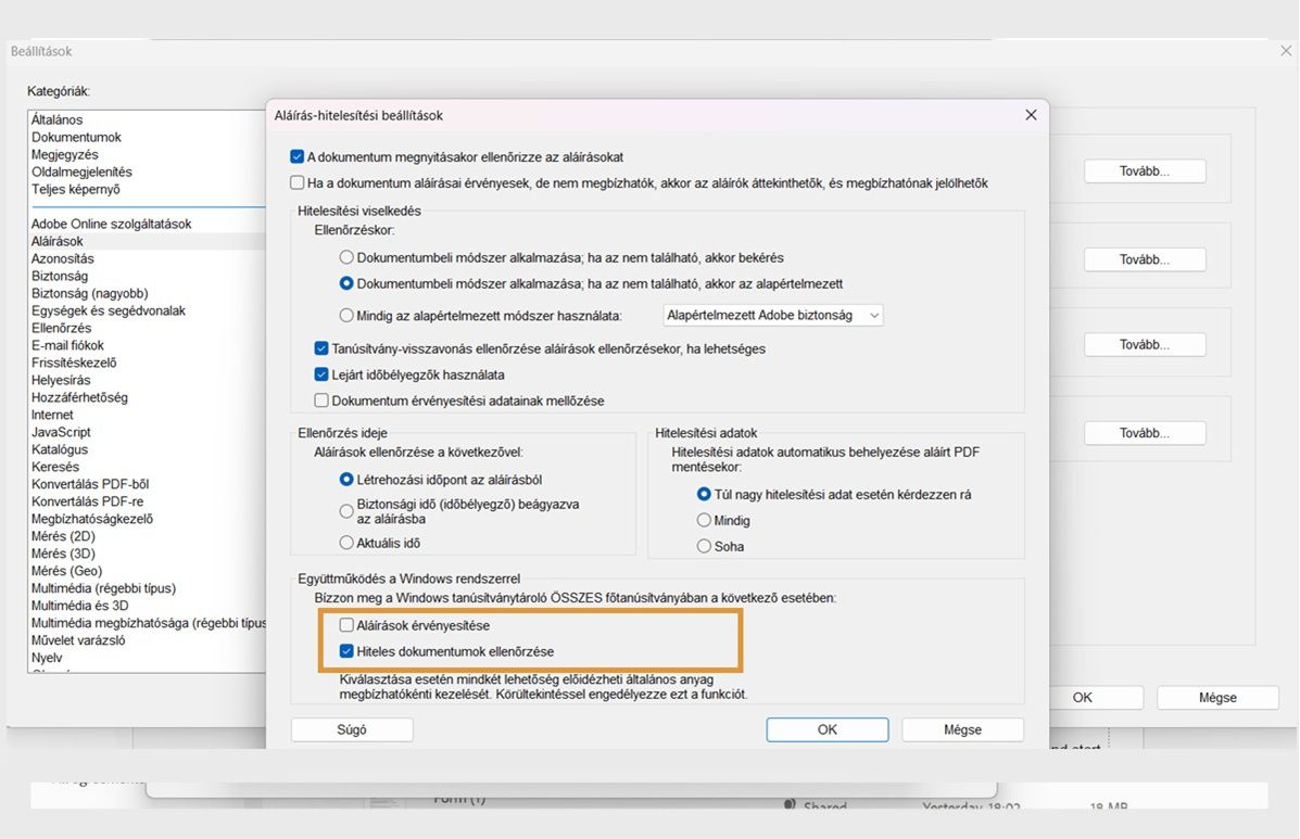 Az Acrobat-beállítások ablaka az aláírás-ellenőrzési beállításokat mutatja, ahol be vannak jelölve a Windows tanúsítványtárban lévő tanúsítványok megbízhatóságára vonatkozó opciók.