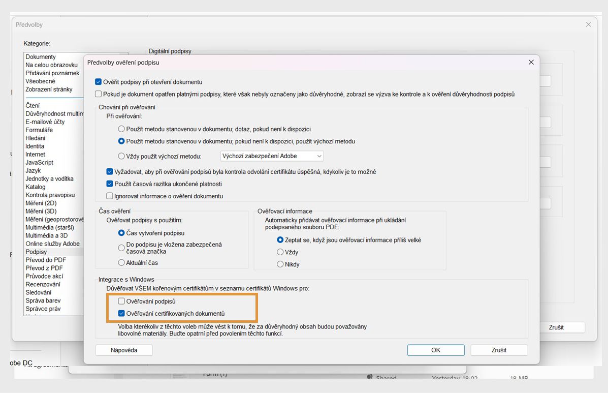 Okno Nastavení aplikace Acrobat zobrazující nastavení ověřování podpisů s možnostmi důvěřovat certifikátům v úložišti certifikátů systému Windows.