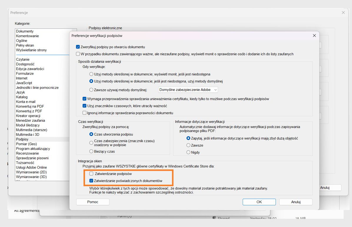 Okno preferencji programu Acrobat przedstawiające ustawienia weryfikacji podpisu z zaznaczonymi opcjami zaufania certyfikatom z magazynu certyfikatów systemu Windows.
