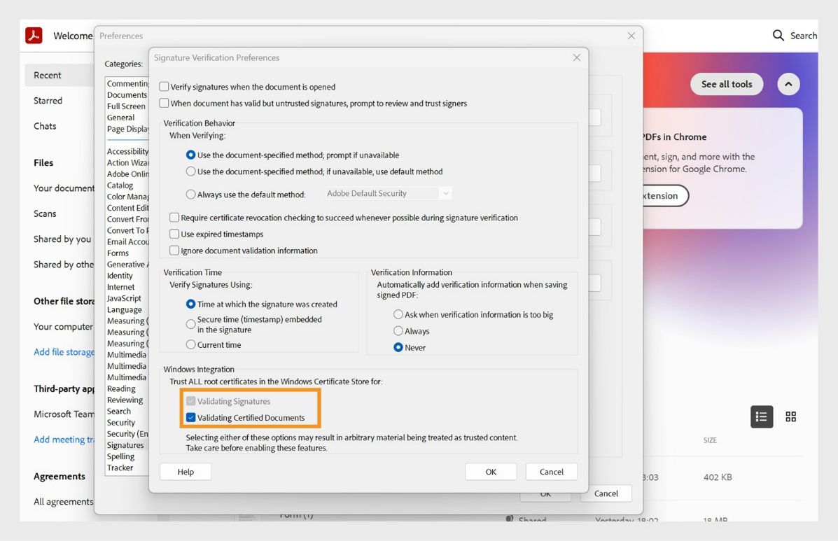 Window ng mga preference ng Acrobat na nagpapakita ng mga setting ng pag-verify ng signature na may mga opsyon para pagkatiwalaan ang mga certificate sa Windows Certificate Store na naka-check.