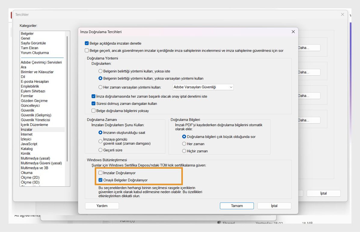 Windows Sertifika Deposu'ndaki sertifikalara güvenme seçenekleri işaretlenmiş, imza doğrulama ayarlarını gösteren Acrobat tercihleri penceresi.