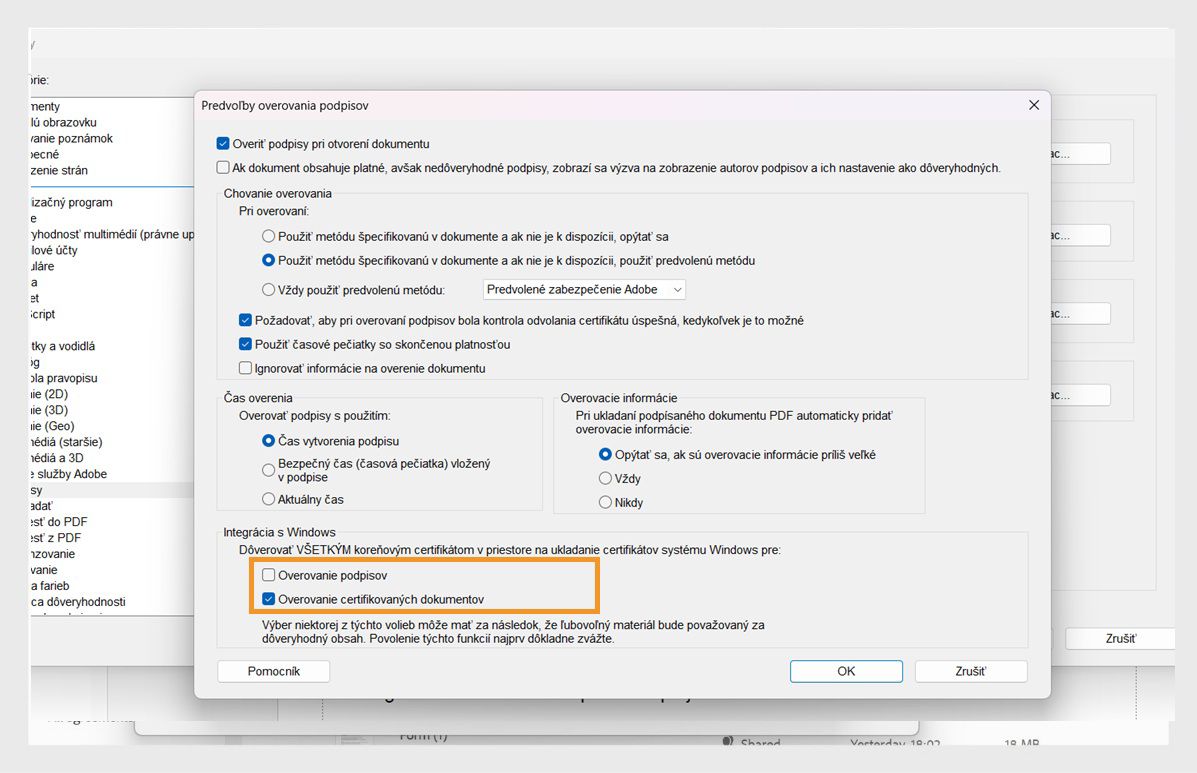 Okno preferencií programu Acrobat zobrazujúce nastavenia overovania podpisov s označenými možnosťami dôveryhodnosti certifikátov v úložisku certifikátov systému Windows.