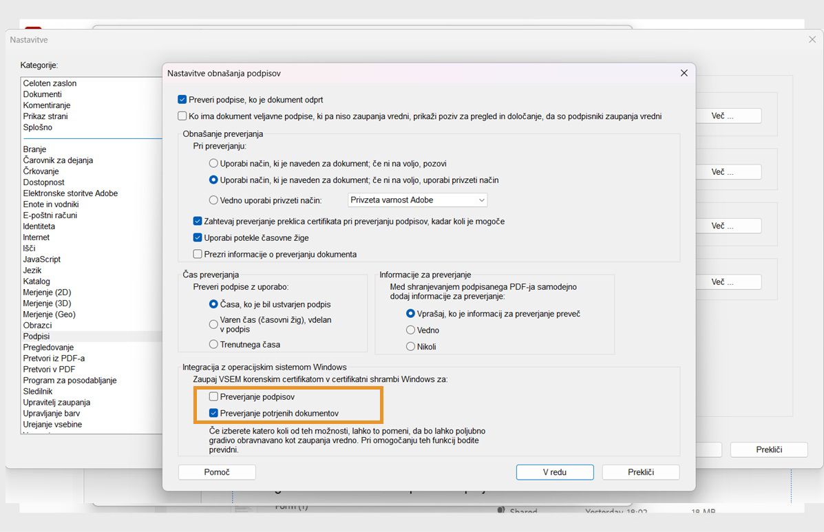 V oknu z nastavitvami programa Acrobat so prikazane nastavitve preverjanja podpisov z označenimi možnostmi za zaupanje potrdilom v shrambi potrdil sistema Windows.
