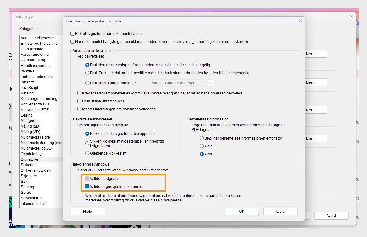 Acrobat-innstillingsvindu som viser innstillinger for signaturverifisering med alternativer for å stole på sertifikater i Windows-sertifikatlageret avmerket.