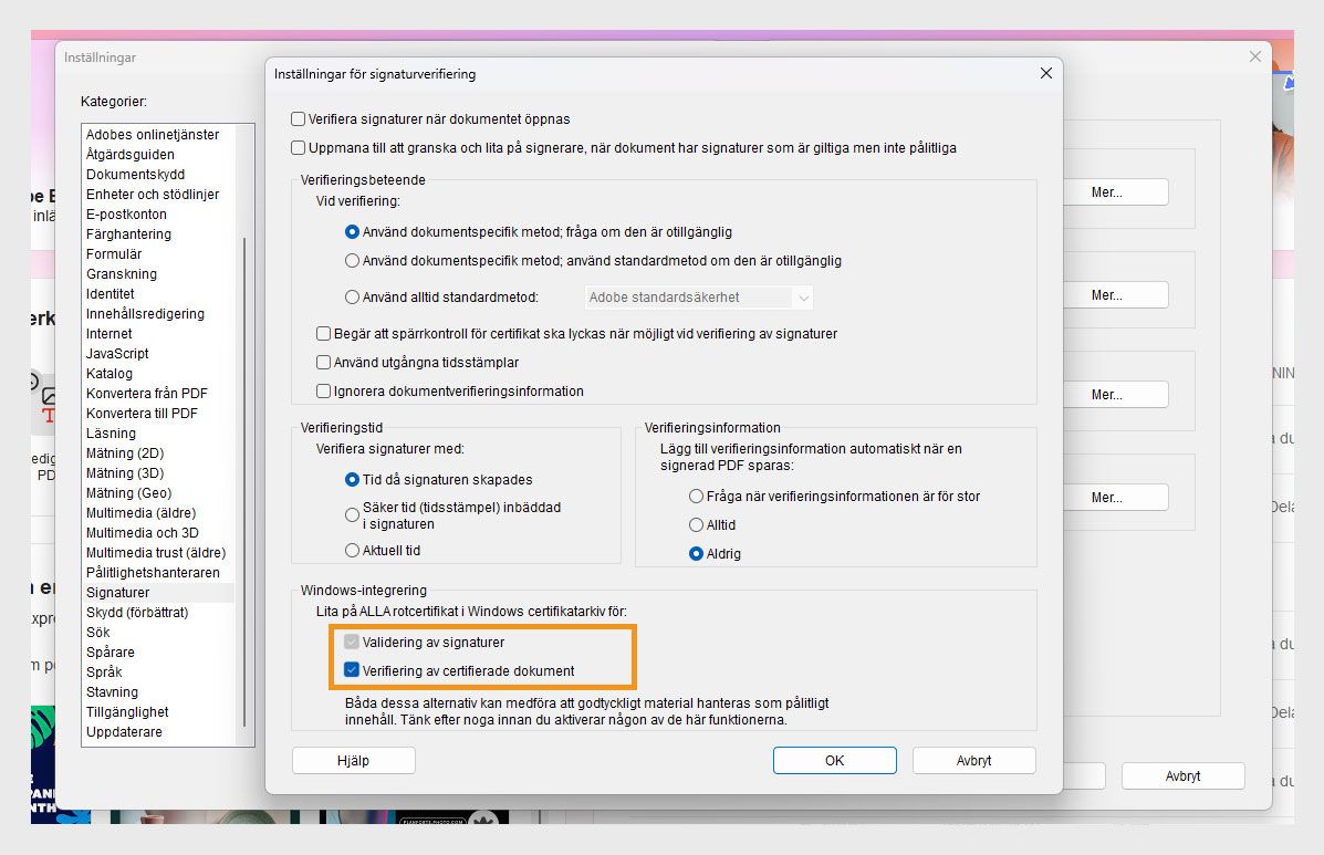 Acrobat-inställningsfönster som visar inställningar för signaturverifiering med alternativ för att lita på certifikat i Windows certifikatarkiv markerade.