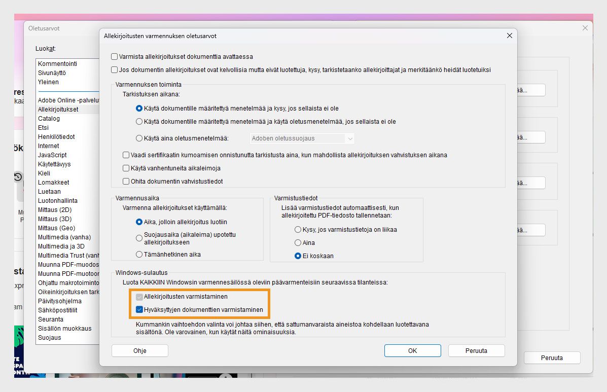 Acrobatin asetusikkuna, jossa näkyvät allekirjoituksen varmennusasetukset sekä valittuna asetukset Windowsin varmennesäilön varmenteisiin luottamiseksi.