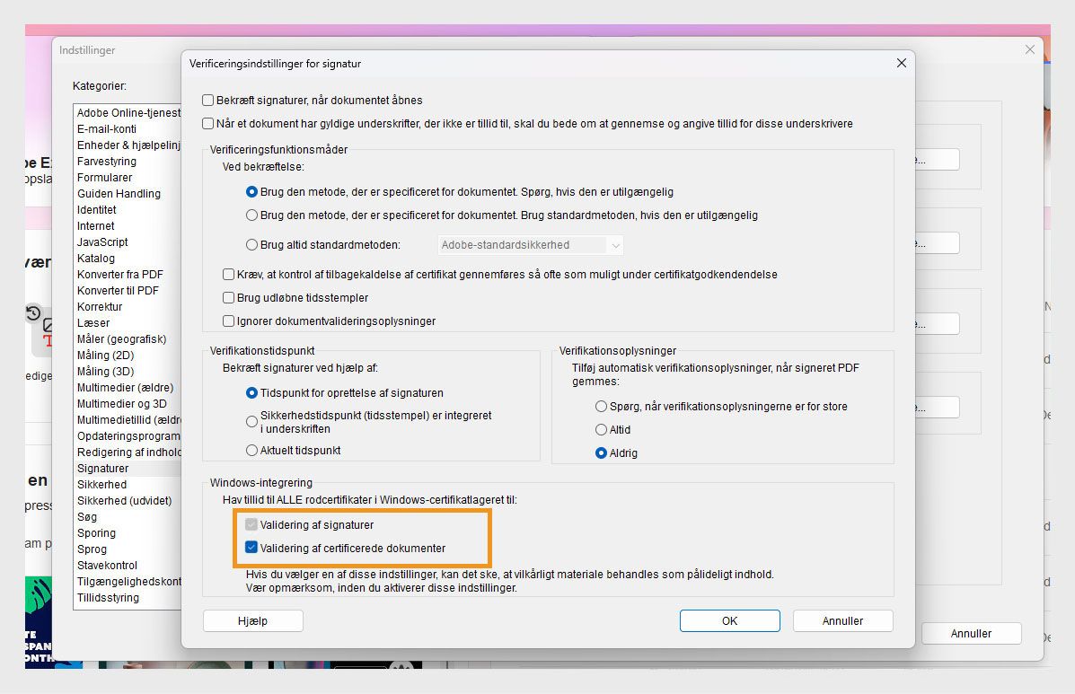 Acrobat-indstillingsvindue, der viser indstillinger for signaturverificering med muligheder for at stole på certifikater i Windows-certifikatlageret, som er markeret.