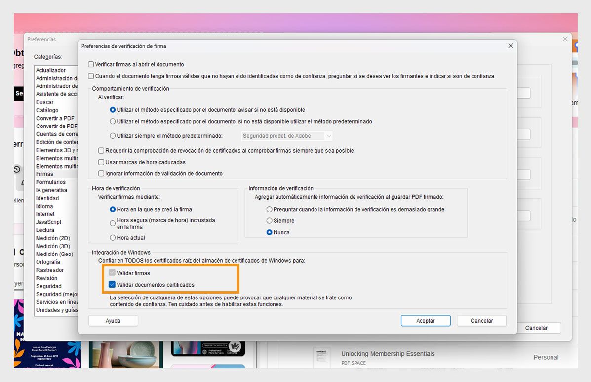Ventana de preferencias de Acrobat que muestra la configuración de verificación de firmas con opciones para confiar en los certificados del almacén de certificados de Windows marcadas.