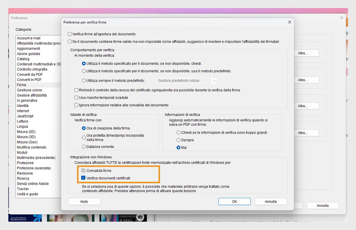 Finestra delle preferenze di Acrobat che mostra le impostazioni di verifica della firma con le opzioni per considerare attendibili i certificati nell’archivio di certificati di Windows selezionato.