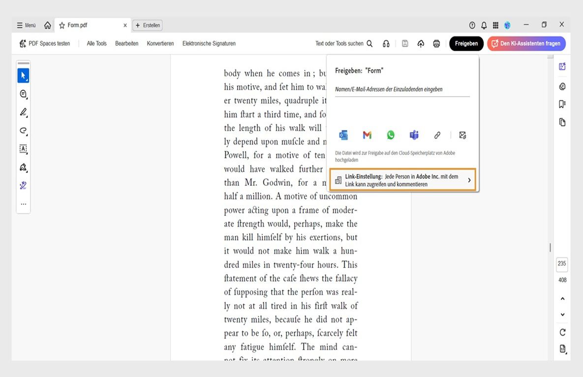 Acrobat Freigabe-Oberfläche, die ein PDF mit einem Freigabe-Dialog anzeigt, mit einer Nachricht, Freigabeoptionen und einer hervorgehobenen Option „Link-Einstellung“.