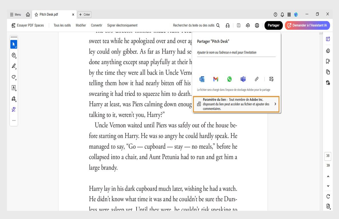Interface de partage d'Acrobat affichant un PDF avec une boîte de dialogue de partage, comprenant un message, des options de partage et une option « Paramètres du lien » mise en évidence.