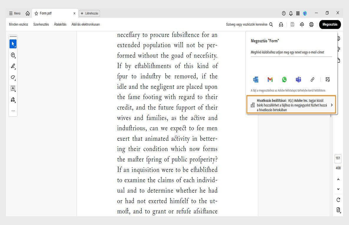 Az Acrobat megosztási felülete egy PDF-et jelenít meg megosztási párbeszédpanellel, üzenettel, megosztási opciókkal és kiemelt „Hivatkozás beállítása” opcióval.