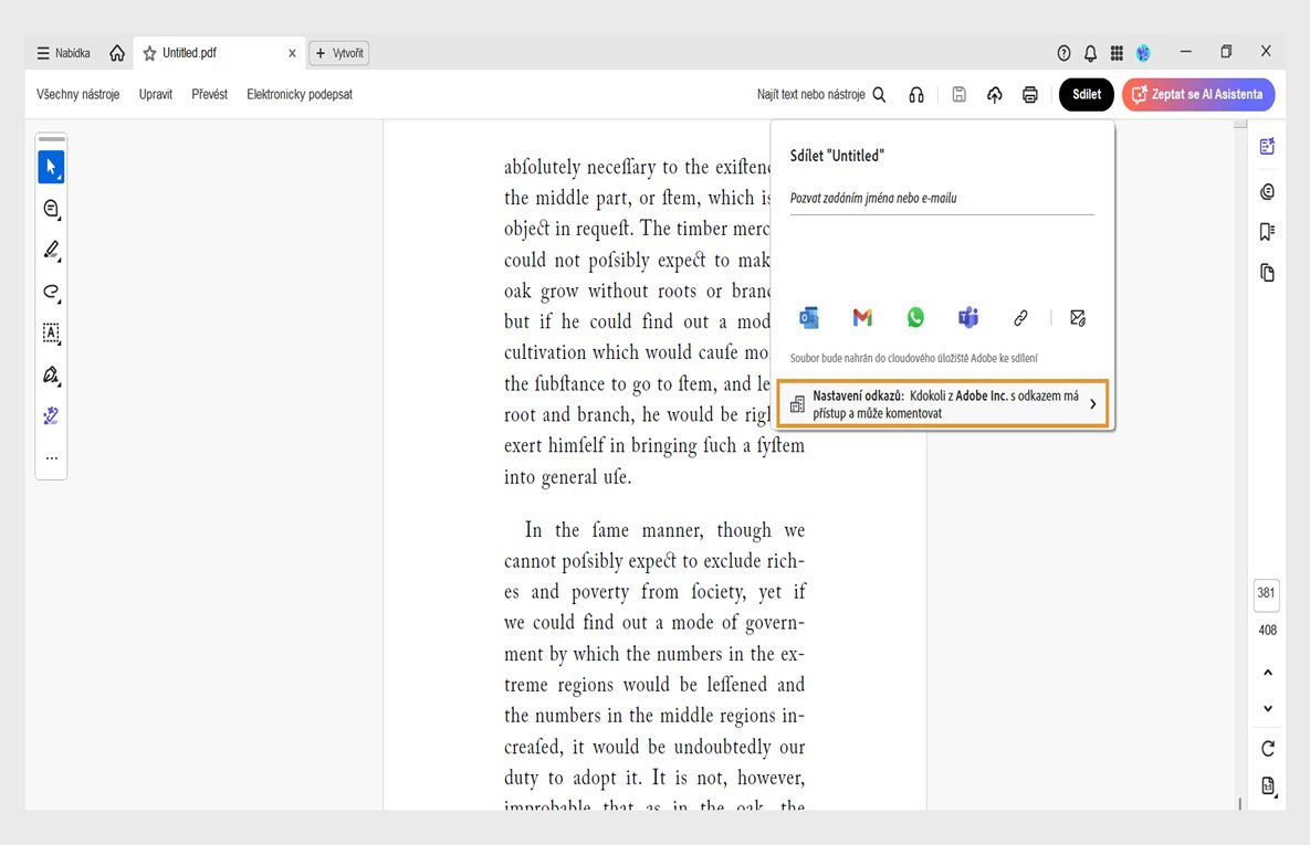 Rozhraní pro sdílení v aplikaci Acrobat zobrazující PDF s dialogovým oknem pro sdílení, se zprávou, možnostmi sdílení a zvýrazněnou možností Nastavení odkazu.