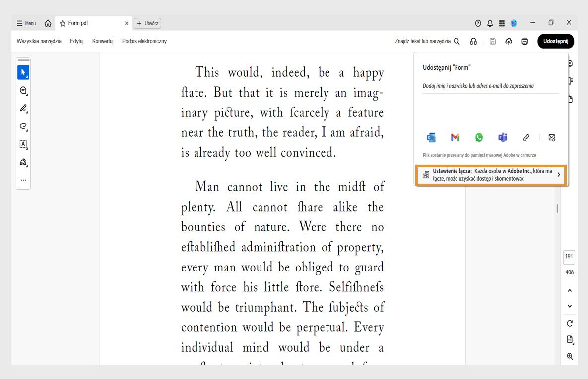 Interfejs udostępniania w programie Acrobat wyświetlający plik PDF z oknem dialogowym udostępniania, z wiadomością, opcjami udostępniania i wyróżnioną opcją „Ustawienia łącza”.