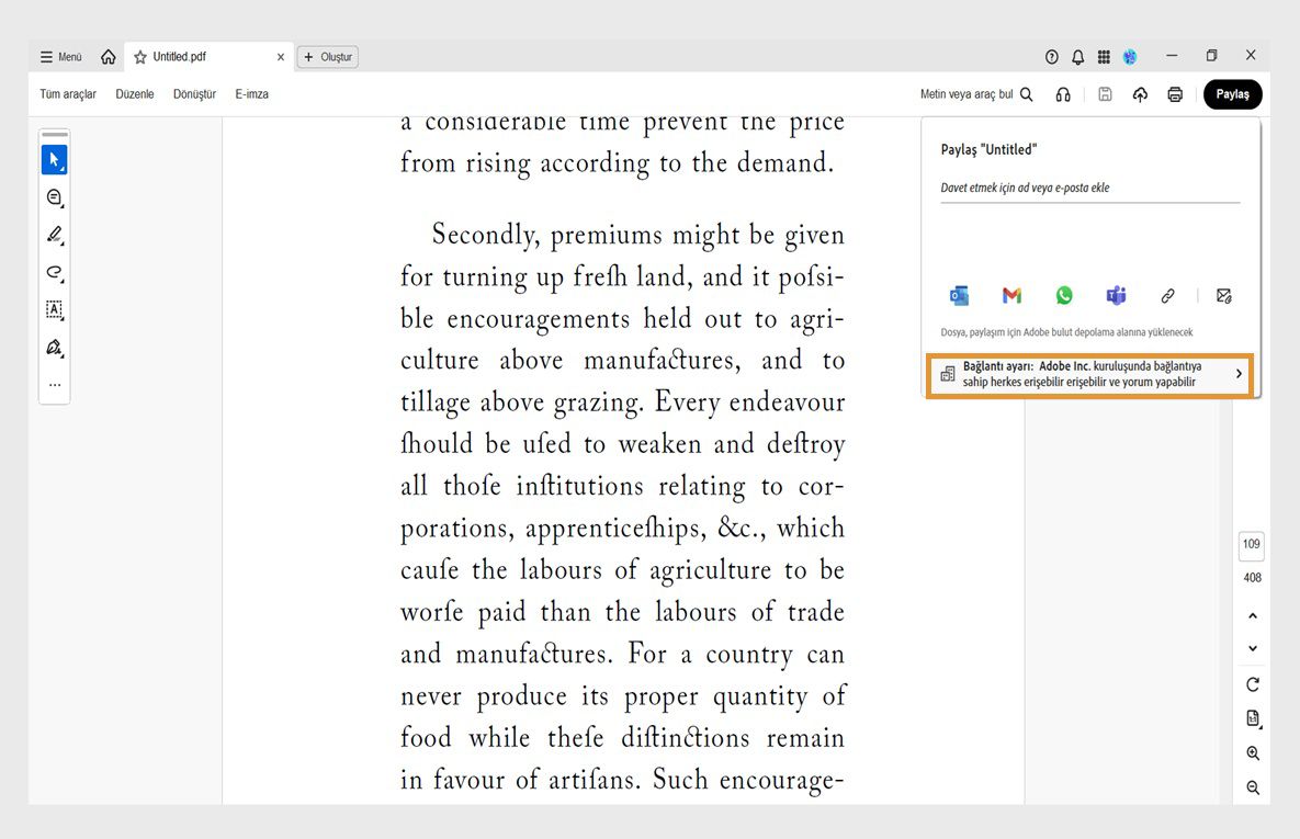 Bir mesaj, paylaşım seçenekleri ve vurgulanmış &quot;Bağlantı ayarı&quot; seçeneğini içeren bir paylaşım iletişim kutusuyla bir PDF'yi görüntüleyen Acrobat paylaşım arayüzü.