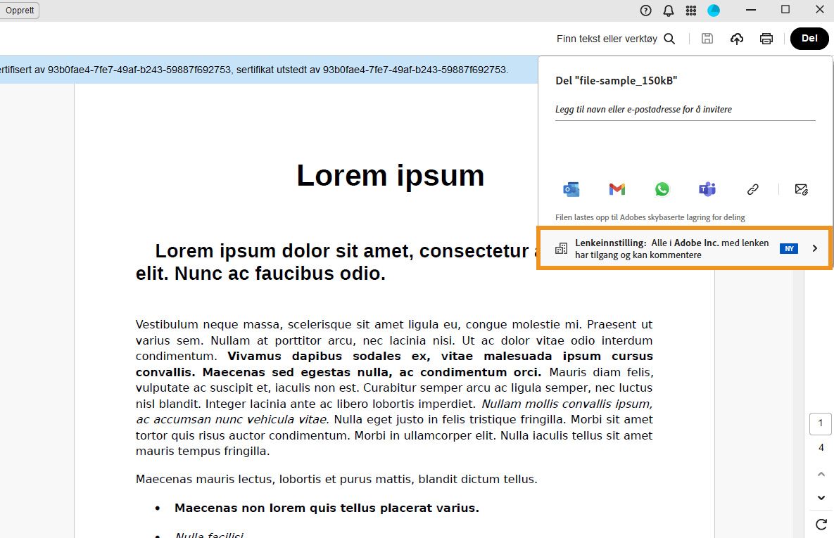 Acrobat-delingsgrensesnitt som viser en PDF med en delingsdialog, med en melding, delingsalternativer og et uthevet «Koblingsinnstilling»-alternativ.