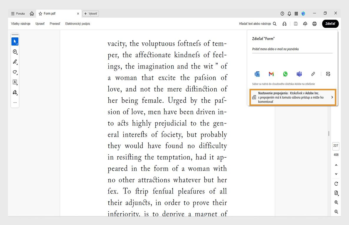 &quot;Rozhranie zdieľania programu Acrobat zobrazujúce PDF s dialógovým oknom zdieľania, so správou, možnosťami zdieľania a zvýraznenou možnosťou „Nastavenie odkazu&quot;.