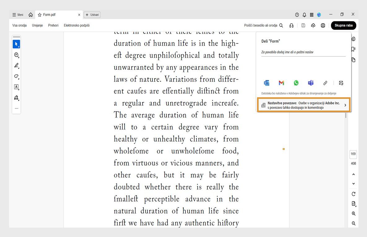 Vmesnik za deljenje v programu Acrobat prikazuje PDF s pogovornim oknom za deljenje, s sporočilom, možnostmi deljenja in poudarjeno možnostjo »Nastavitev povezave«.