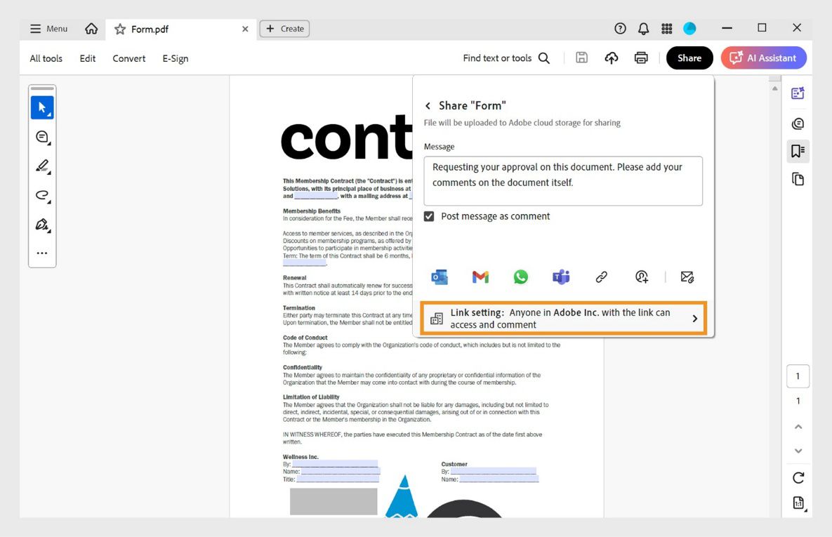 ממשק השיתוף של Acrobat מציג PDF עם תיבת דו-שיח לשיתוף, עם הודעה, אפשרויות שיתוף ואפשרות Link setting מודגשת.