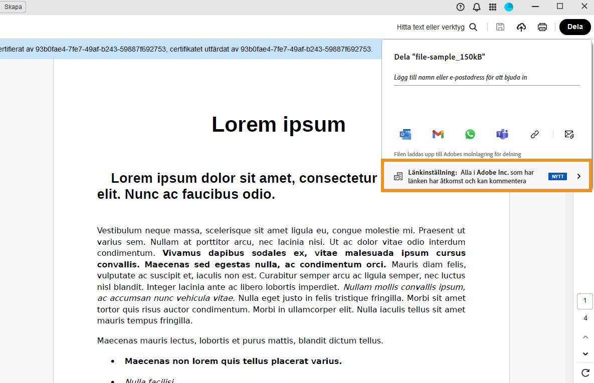 Acrobats delningsgränssnitt visar en PDF med en delningsdialog, med ett meddelande, delningsalternativ och ett markerat alternativ för ”Länkinställningar”.