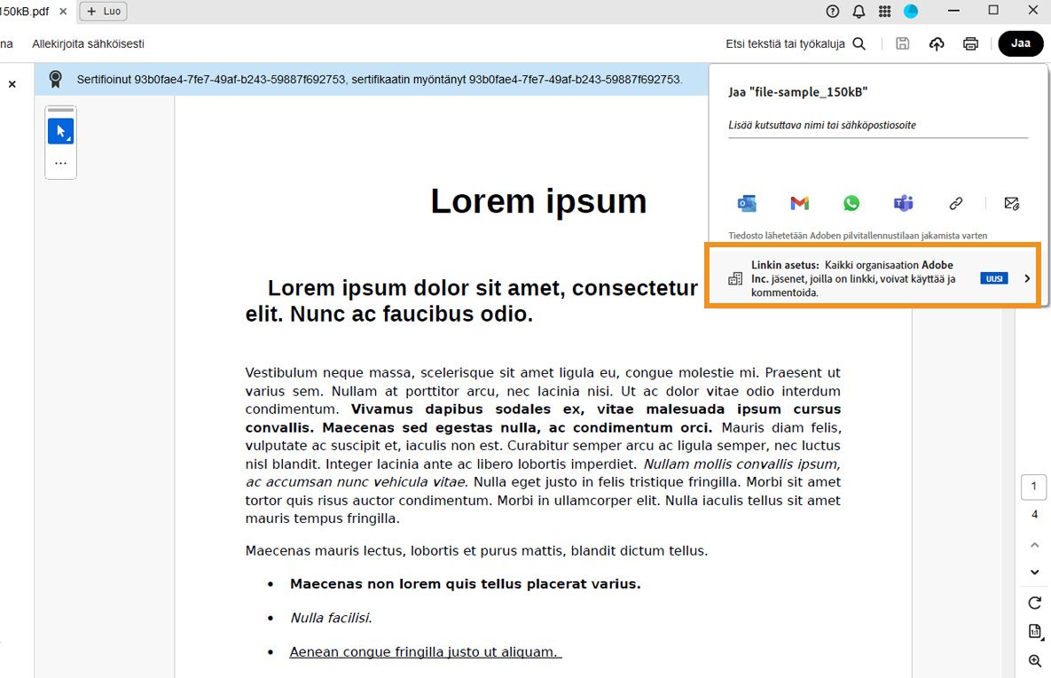 Acrobatin jakamisliittymä, jossa näkyy PDF-tiedosto ja jakoikkuna, jossa on viesti, jakoasetukset ja korostettu &quot;Linkin asetukset&quot; -vaihtoehto.