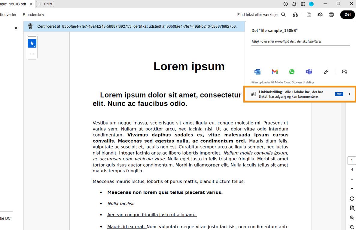 Acrobat-delingsgrænsefladen viser en PDF med en delingsdialogsboks og en besked, delingsindstillinger og den fremhævet indstilling &quot;Linkindstilling&quot;.