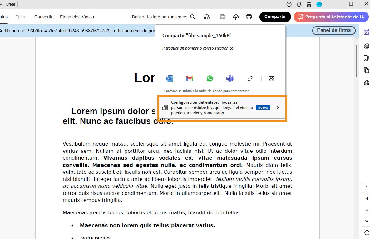 Interfaz de compartir de Acrobat que muestra un PDF con un cuadro de diálogo de compartir, con un mensaje, opciones para compartir y una opción &quot;Configuración del vínculo&quot; resaltada.