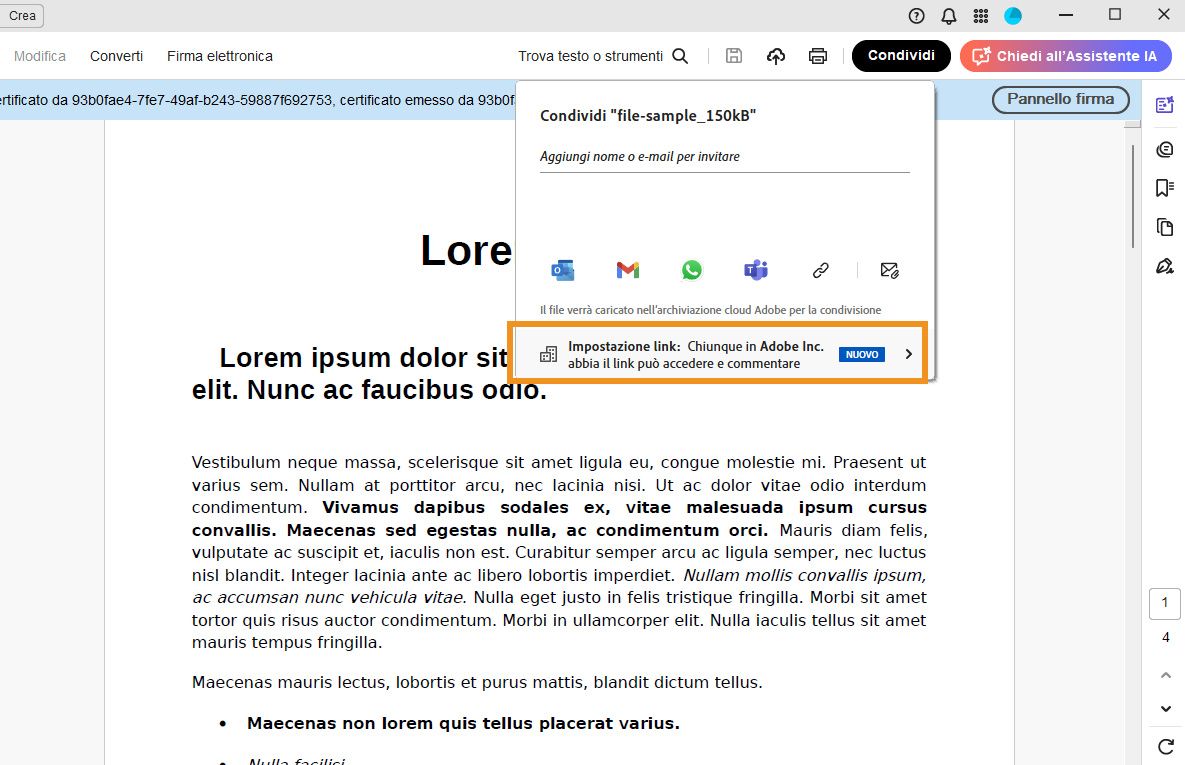 Interfaccia di condivisione di Acrobat che mostra un PDF con una finestra di dialogo di condivisione, con un messaggio, opzioni di condivisione e l’opzione “Impostazioni link” evidenziata.