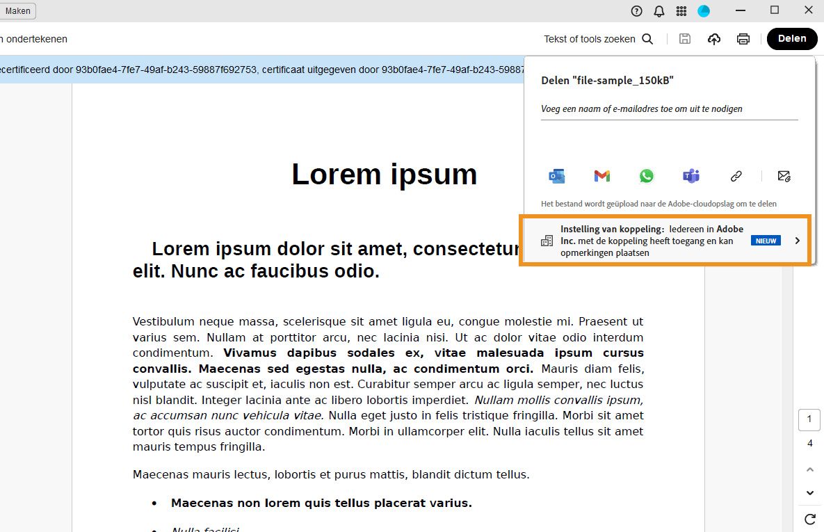 Acrobat-deelinterface met een PDF en een deeldialoogvenster, met een bericht, deelopties en een gemarkeerde optie Koppelingsinstellingen.