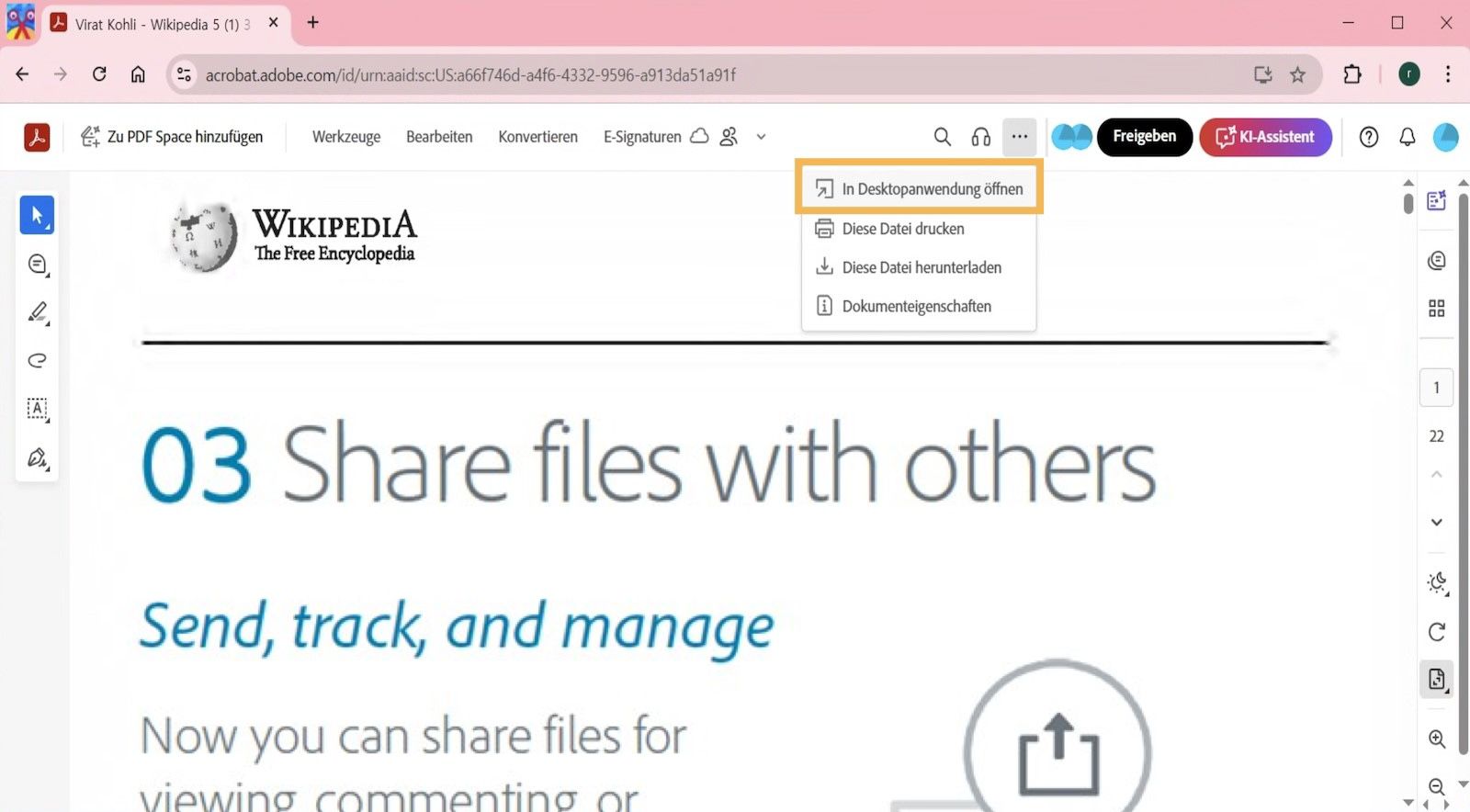 Acrobat Web zeigt die Option „In Desktop-Anwendung öffnen&quot; im Menü „Drucken, herunterladen und mehr&quot; an.